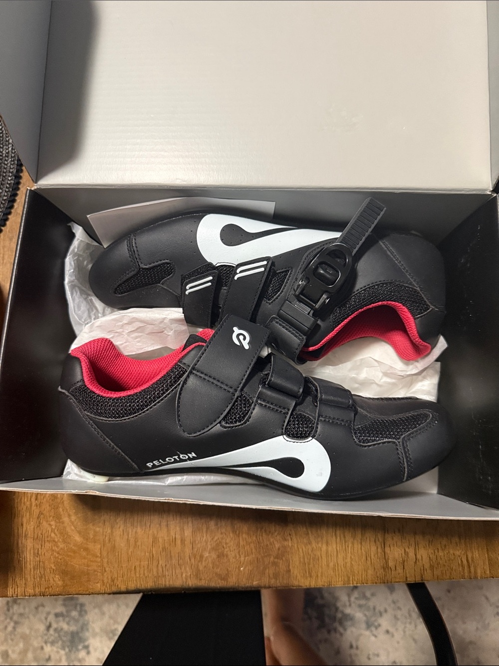 Peloton Women’s Black Cycling Shoes with White Logo and Pink Lining